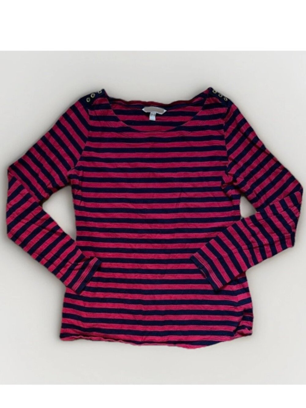 Banana Republic Women's Red and Navy Blue Striped Button Boat Neck Top M Medium